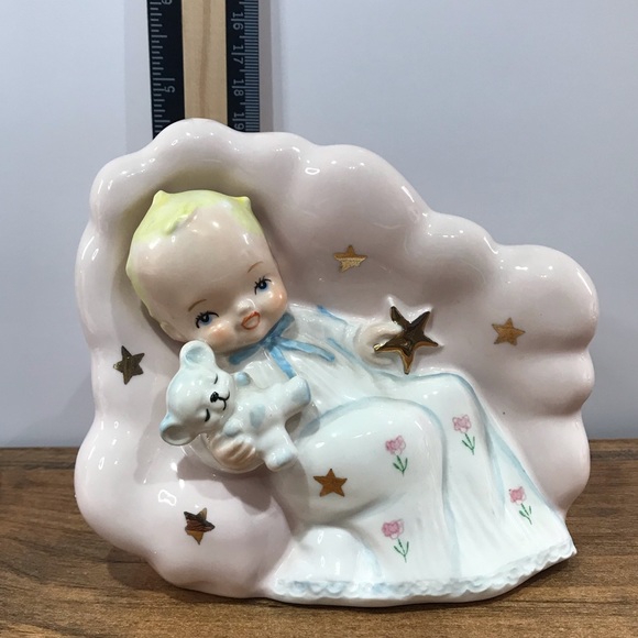Vintage Pink Ceramic Baby Holding Star And Teddy Nursery Decor Planter Japan - Picture 4 of 12